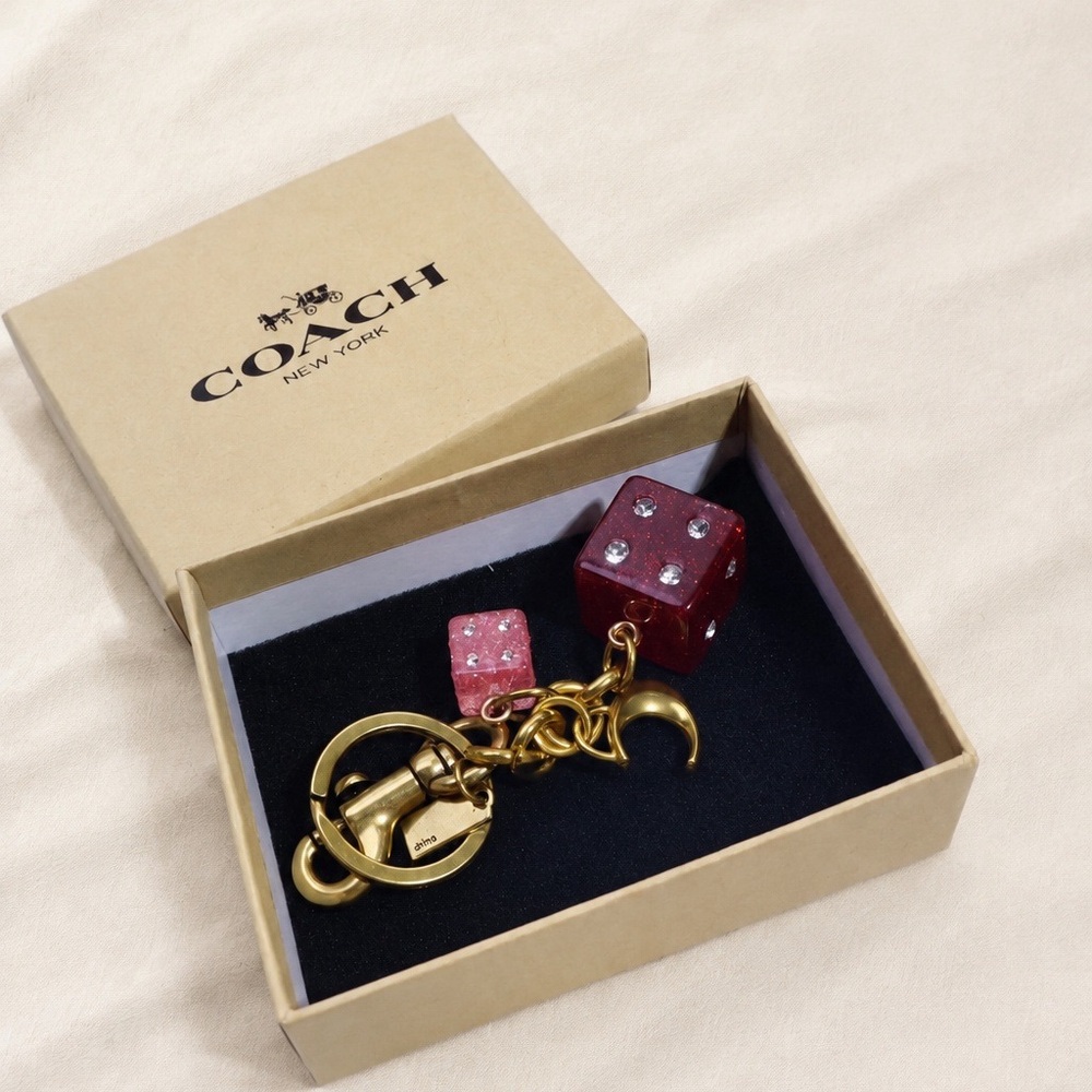 COACH Gold-Tone Key & Card Holder with Red and Pink Dice Charms